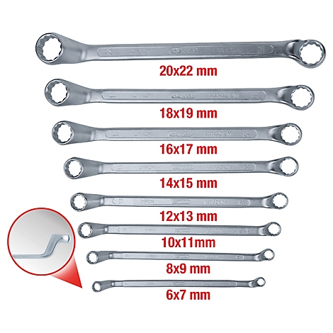 Eine Reihe von Ringschlüsseln in verschiedenen Größen. Die Größen sind beschriftet: 20x22 mm, 18x19 mm, 16x17 mm, 14x15 mm, 12x13 mm, 10x11 mm, 8x9 mm und 6x7 mm.